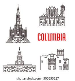 Icons of Columbian famous buildings. Cathedral of Our Lady Carmen, Popayan Santo Domingo Cathedral, Cartagena Town Hall, Ermita Church. Historic architecture vector elements for souvenirs, postcard