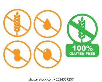 Icons of common food allergens. 100% Gluten Free sticker for food