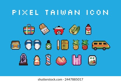 Iconos de comidas y artículos taiwaneses comunes, diseñados en estilo de ilustración pixelada, como gráficos de Vector.