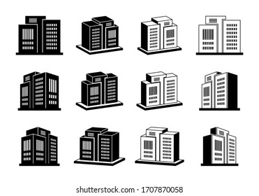 Icons company and buildings set, Vector bank and office collection on white background, 3D hotel condo and apartment illustration, Isolated edifice and residential silhouette