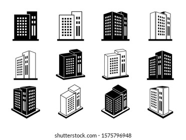 Icons company set on white background, 3D buildings vector collection, Perspective bank and office illustration, Line modern construction and edifice