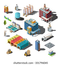 Icons And Compositions Of Industrial Building, Isolated Constructions, Subjects Isometric View, 3D. Vector Set Of Industry.