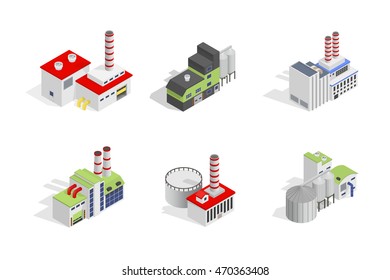 Icons and compositions of industrial building, isolated constructions, subjects isometric view, 3D. Vector set of industry.