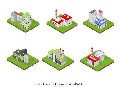 Icons and compositions of industrial building, isolated constructions, subjects isometric view, 3D. Vector set of industry.