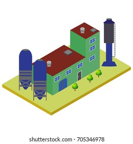 Icons and compositions of industrial building, isolated constructions, subjects isometric view, 3D. Vector set of industry.