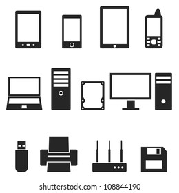 Icons of computer hardware and gadgets.