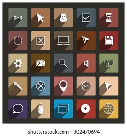 Icons computer with long shadow, flat style, vector illustration.