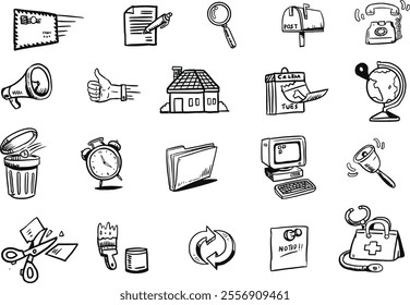 icons for computer and media social theme pack in black and white line art design elements