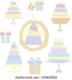 Icons consists of cakes and boxes in gentle tones - gifts for various celebrations