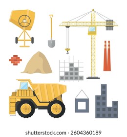 Icons of construction elements, transport and equipment on a white background.