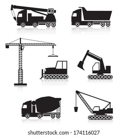 icons construction equipment: crane, scoop, mixer,  scraper