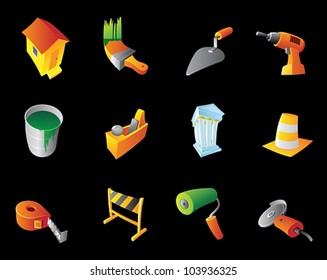 Icons for construction industry, black background. Vector illustration.