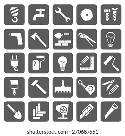 Icons construction and repair. Vector icons of tools and attributes of construction and repair. Monochrome, minimalistic. 