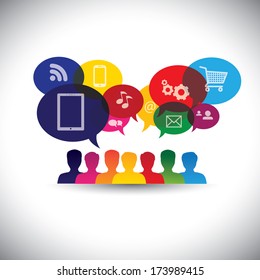 icons of consumers or users online in social media, shopping - vector graphic. This graphic also represents social media communication, internet shopping, web chat, social networking & interaction