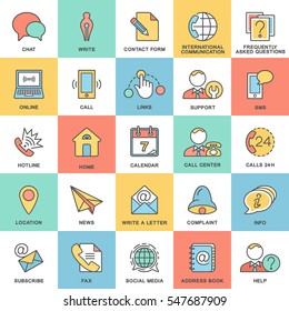 Icons contact us. Methods of communication with the contact center and information. The thin contour lines with color fills.