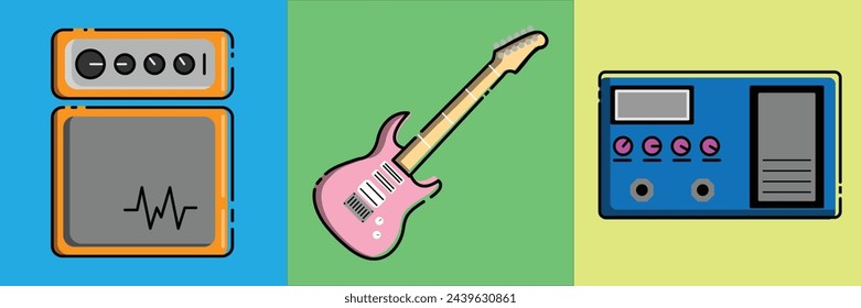 icons containing guitars, amplifiers, and effects, in a cheerful, colorful, editable style