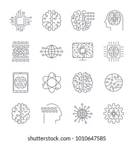 Icons in contour, thin and linear design. Artificial Intelligence, Modern technology. Concept illustration for website, apps, programs. AI, IoT, Robot, Cyber brain, chipping and other. Editable Stroke