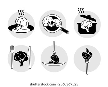 Icons of cooking and eating dishes from broccoli. Vegetarian dishes, flat black and white illustration