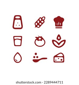 icons for cooking recipes, salt, cheese, pepper, tomato, flour, oil, water. EPS 10 Vector Drawing