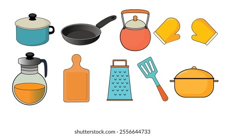 Icons of cooking tools and kitchen equipment collection. Vector of various types of cooking tools and kitchen equipment isolated on white background