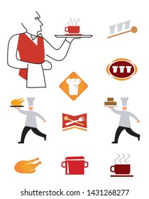 
Icons cooking waiter.
Set of icons with chef character design. Vector available.