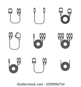 Icons of cord and cable with plugs of thin lines isolated on white background, vector illustration.
