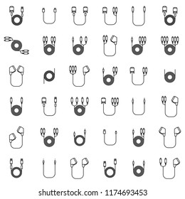 Icons of cord and cable with plugs of thin lines isolated on white background, vector illustration.