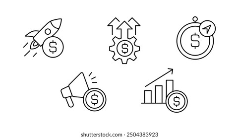 Icons for core elements of financial success, including strategic investments, optimized marketing, and business growth. These icons highlight efficiency and planning in driving profitability.