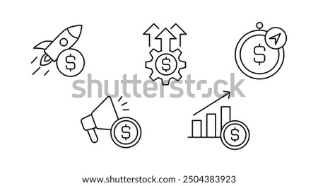 Icons for core elements of financial success, including strategic investments, optimized marketing, and business growth. These icons highlight efficiency and planning in driving profitability.
