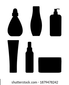 Icons of cosmetic package for soap,shampoo, cream. Black and white color. Collection of blank template of plastic container. Stock 3D vector illustration on white isolated background.