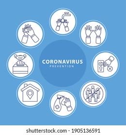 Icons Covid19 Prevention In Circular Frames Over Blue Background Vector Illustration Design