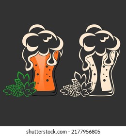 Icons of craft beer in a glass with foam and hop sprig. Vector illustration in black and white and color options