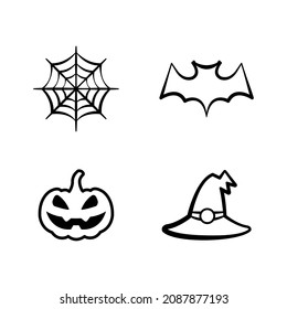 Icons crafted for halloween design. Witch hat, pumpkin, spider web and bat.
