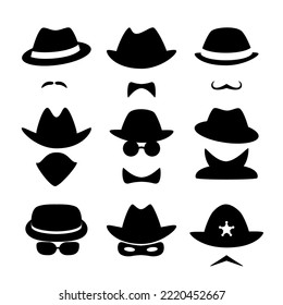 Iconos de criminales y oficiales de policía. Incognito. Detectivos. Poirot, Inspector Jeff, Profesor Matrimonio. Colección de famosos, anónimos y extraños. Vector simple, aislado en fondo blanco.