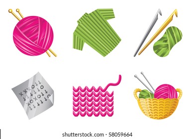 Icons for crochet and knitting hobby. Include: yarn, cardigan, crochet hooks, stitch diagram, work in progress, and a basket of threads.