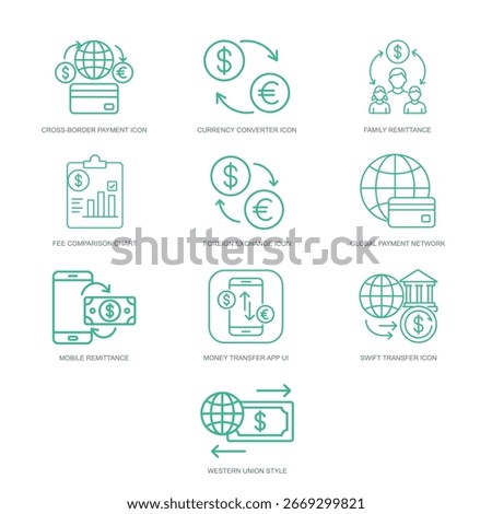 Icons for cross-border payments, remittance apps, currency conversion, and sending funds.