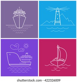 Icons Cruise Ship, Lighthouse, Cargo Ship, Yacht, Set of Bright Color Maritime Icons for Web Design, Linear Style, Vector Illustration