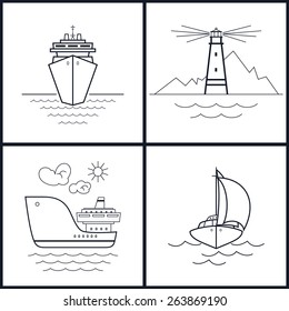Icons cruise ship,lighthouse, cargo ship, yacht. Set of maritime icons for web design, black and white vector illustration