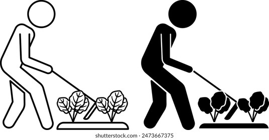 Icons Cultivate. Black and White Vector Icons. Man with a Hoe Cultivates a Vegetable Garden. Organic Farming Concept