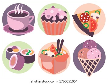 
Icons cup, cupcake, pizza, sushi, rolls, wok, ice cream. EPS10 vector illustration.