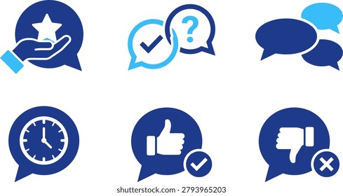 Icons for customer feedback star rating checkmark question mark thumbs up down clock and messages for reviews.