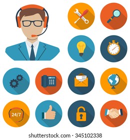 Icons customer support. Set icons flat style with a long shadow.  Set elements and objects, technical support, customer service. Elements of design for web and mobile applications.