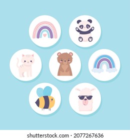 icons cute animals and rainbow