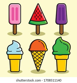 Icons cute ice cream set, cup and stick vector illustration