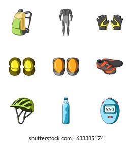 Icons of Cycling, bike. Set for bike, backpack protection, repair, form. Cyclist outfit icon in set collection on cartoon style vector symbol stock illustration.