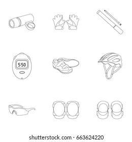 Icons of Cycling, bike. Set for bike, backpack protection, repair, form. Cyclist outfit icon in set collection on outline style vector symbol stock illustration.
