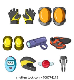 Icons of Cycling, bike. Set for bike, backpack protection, repair, form. Cyclist outfit icon in set collection on cartoon style vector symbol stock illustration.