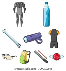 Icons of Cycling, bike. Set for bike, backpack protection, repair, form. Cyclist outfit icon in set collection on cartoon style vector symbol stock illustration.
