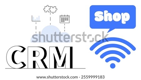 Icons for data analytics, puzzle integration, and calendar sync over a cloud. CRM with a speech bubble saying shop and a wireless symbol. Ideal for technology, business, data management, e-commerce