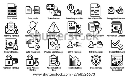 Icons for data protection measures including encryption, identity removal, sensitive data, and privacy rules.